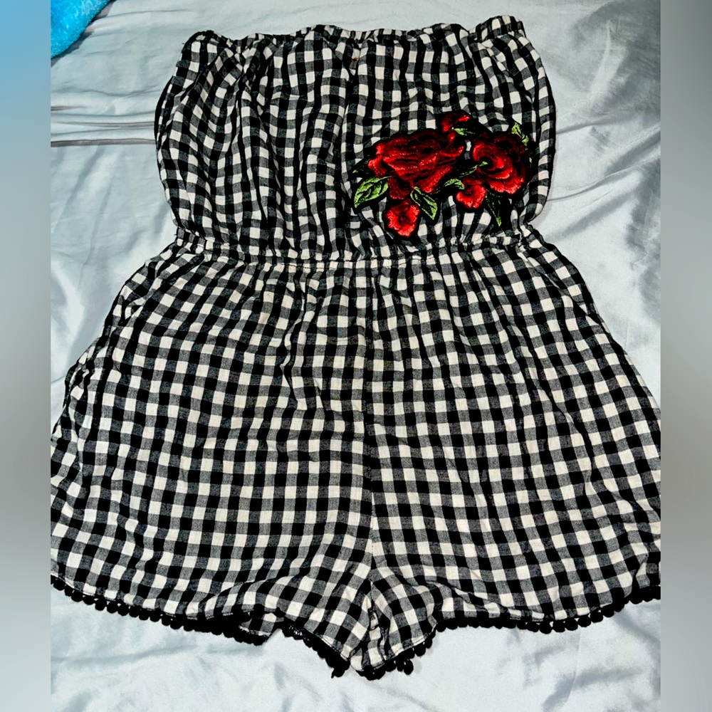 Strapless Rose embroidered black and white checkered romper
